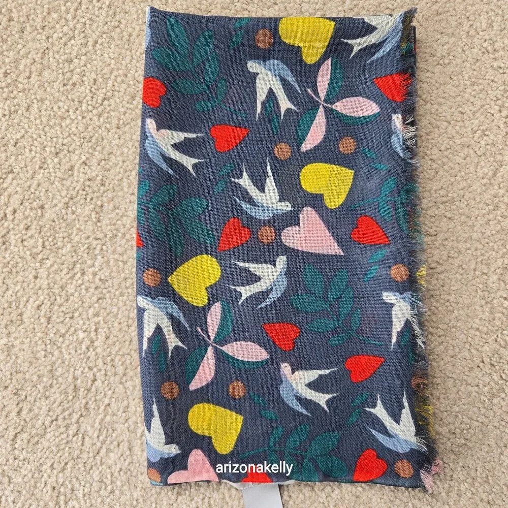 Boden Wool Lightweight Scarf Hearts Birds